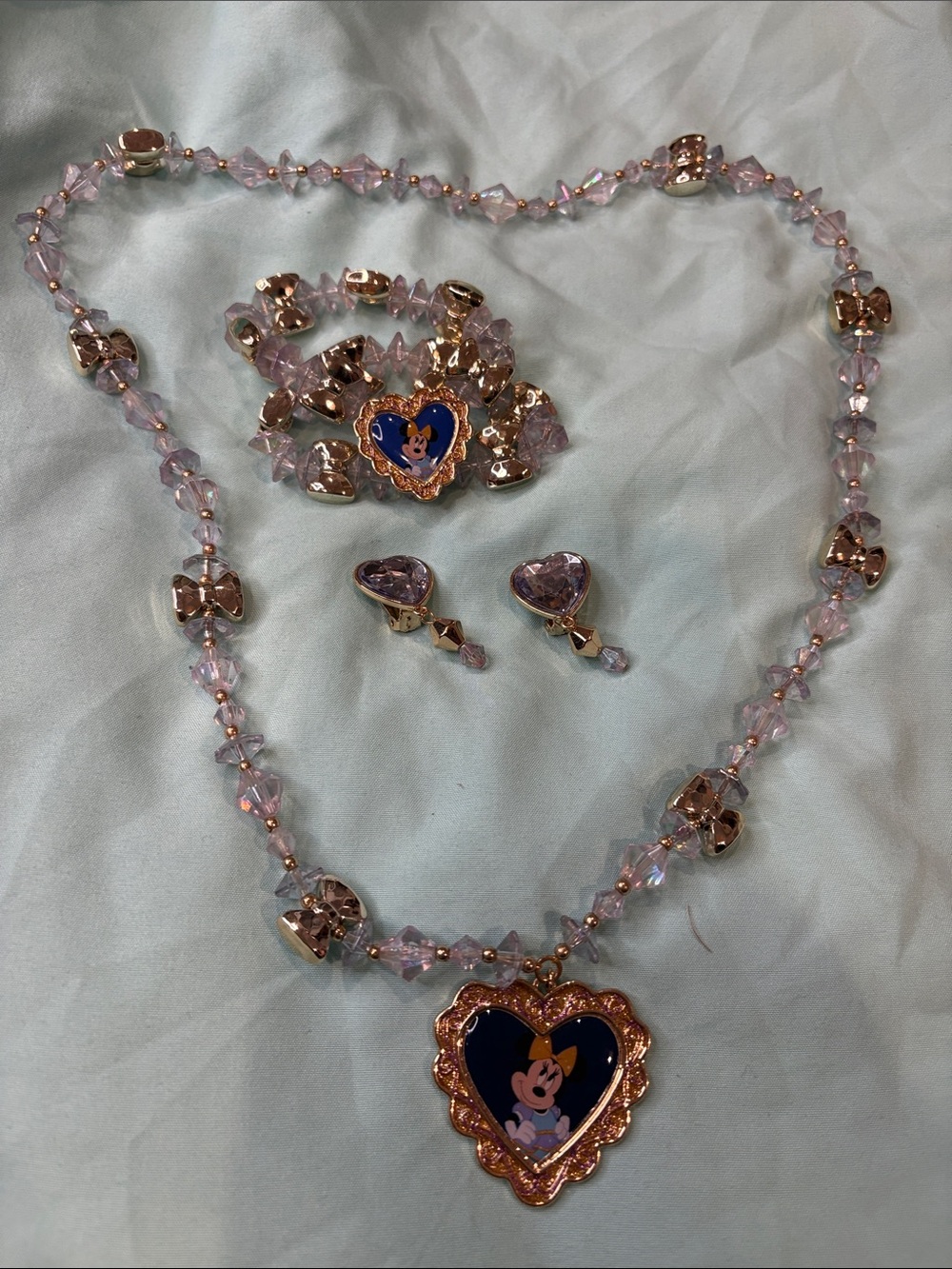 Pink Heart Pendant Necklace and Earrings Set with Minnie Mouse Accent